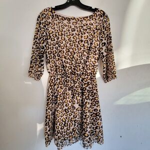 dv dolce vita Leopard Animal Print Scalloped Hem 3/4 Sleeve Chiffon Dress Small